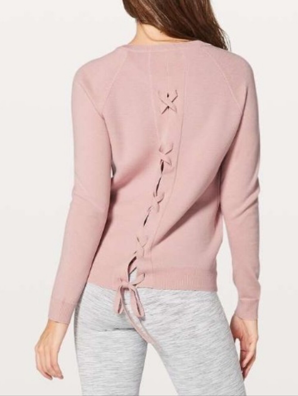 🍋 VTG Lululemon Tied To You Sweater In Misty Pink Merino Wool Blend Lace Up Bow